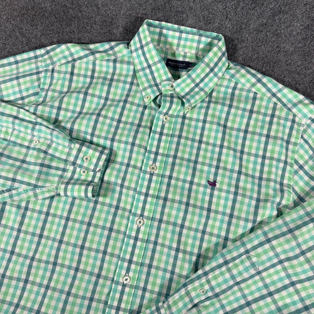 Southern Marsh Mens Size XL Green Gingham Check LS Button Down Dress Shirt
